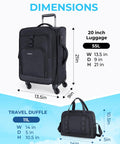 BagSmart black expandable 20-inch carry-on luggage with spinner wheels; 55L, front view; includes 11L travel duffle bag.