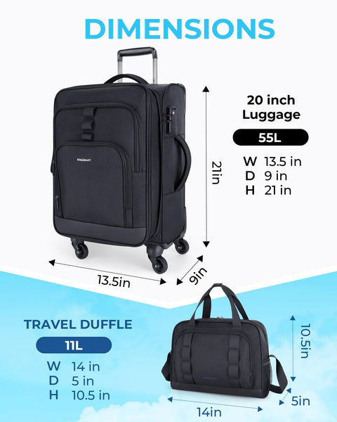 BagSmart black expandable 20-inch carry-on luggage with spinner wheels; 55L, front view; includes 11L travel duffle bag.