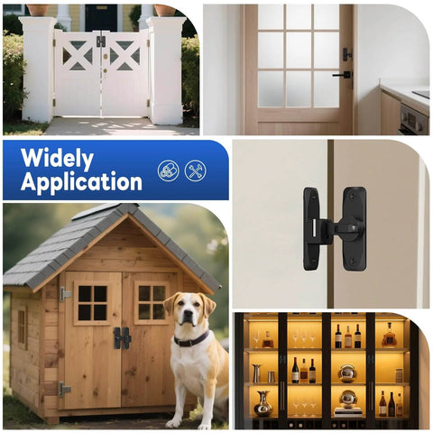 Heavy Duty 90 And 180 Degree Barn Door Locks And Latches Aluminum Sliding Door Latch Kit shown installed on gates and cabinets