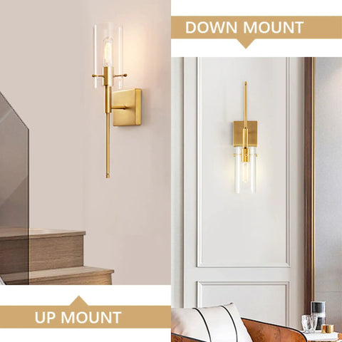 Set Of 2 Modern Indoor Wall Sconces In Antique Brass With Clear Glass Shade Dual Up Down Mount Sleek Wall Decor For Bedroom Living Room Hallway Minimalist Lighting Fixtures