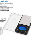 Ultra Slim Digital Pocket Scale 600g Capacity At 0.1g Increments With Counting Feature shown with calibration instructions