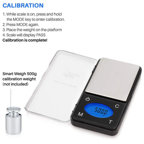 Ultra Slim Digital Pocket Scale 600g Capacity At 0.1g Increments With Counting Feature shown with calibration instructions
