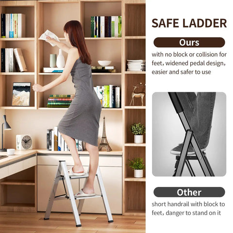 Two Step Folding Ladder With Anti Slip Wide Pedals in use in a home office setting illustrating its stability and storage convenience