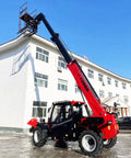 Heavy Duty Rough Terrain Telehandler Telescopic Forklift lifting platform towards a building in bright blue sky.