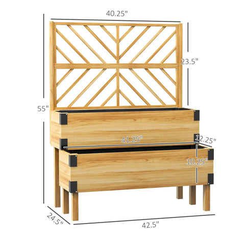 Two Tier Raised Garden Bed With Trellis Elevated Wooden Planter Box On Legged Frame With Metal Corners For Vegetables Flowers And Herbs In Natural Finish