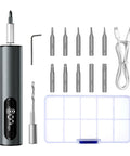 No Sweat Cordless Stick Electric Screwdriver Kit With Wireless Charging Stand And Rock Solid Magnetic Bits For Precision Phone Computer Watch Repair And Easy Home Fixes In Grey, showing screwdriver, bits, charging cable, and storage box.