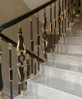 Badass Aluminum Balusters And Stair Spindles With Floor Face Mount Brackets And Slick Black Gold Flower Motif Railing Kit For Indoor Outdoor Decks And Bulletproof Durability House Upgrade 10 Pack, stylish staircase detail.