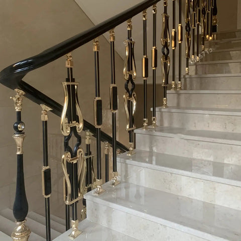 Rock Solid Modern Square Metal Balusters For Glass Railing With No Stress Floor Mount Brackets Heavy Duty Aluminum Spindles Complete Deck Stairway Guardrail Kit Top Shelf Modern Design on stairway with black and gold details.