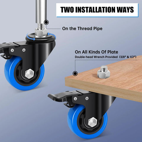 Two installation ways for 3 Inch Heavy Duty Stem Caster Wheels Set Of 4 With 1/2-13 Threaded Stem And 1 Inch Stem Length Swivel Casters.
