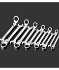 Heavy Duty Ratchet Spanner Set 12 Piece Mirror Finish Wrenches arranged on a dark background