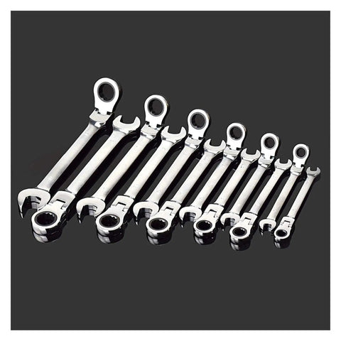 Heavy Duty Ratchet Spanner Set 12 Piece Mirror Finish Wrenches arranged on a dark background