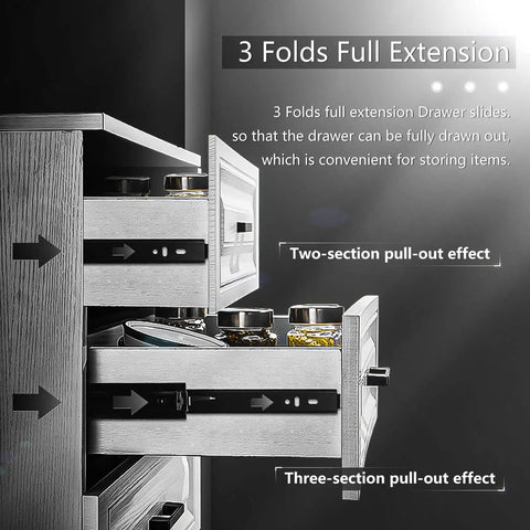Image showing the 3 folds full extension of Full Extension Drawer Slides Pair 8 To 24 Inch, 100 LB Load Capacity, Beefy Side Mount Ball Bearing Metal Dresser Runners.
