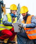Two workers wearing 10 Pack Suspension Hard Hats For Worksite Safety With Ratchet Cap Style And Self Adjusting Crown Straps Yellow Utility Hard Hats For Men And Women Durable ABS Protection For All Day Comfort, reviewing plans on construction site.