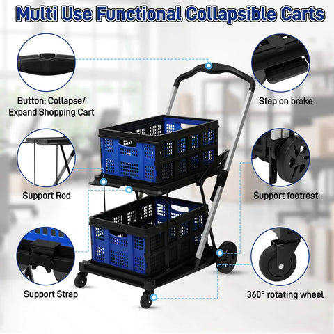 Heavy Duty Collapsible Shopping Cart On Wheels With Dual Bins Two Tier Folding Grocery Cart For Farmers Market Kitchen And Everyday Groceries Ready For Any Grab And Go Grocery Run Holds Up To 200 Lb.
