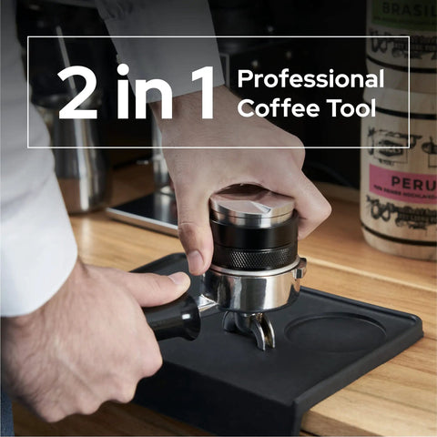 Person using 58mm Espresso Tamper And Leveler With Height Indicator, Adjustable Depth Distributor, Fits 58mm Portafilters, 2 In 1 Coffee Tool For Even Extraction, Pro Grade Tamper And Leveler For Perfect Shots on a portafilter.