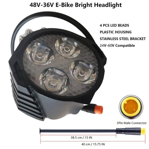 LED Bike Headlight With Horn For Electric Bikes And E Scooters 4 Bead Beam Waterproof 3 Pin Male Connector 36V 48V Compatible 15 Inch Wire Replacement Headlamp For Night Ride