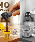 Mess Free Two Tablespoon Coffee Scoop With Built In Funnel For Reusable K Cup Pods in use without spilling, black design