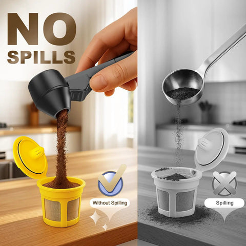 Mess Free Two Tablespoon Coffee Scoop With Built In Funnel For Reusable K Cup Pods in use without spilling, black design