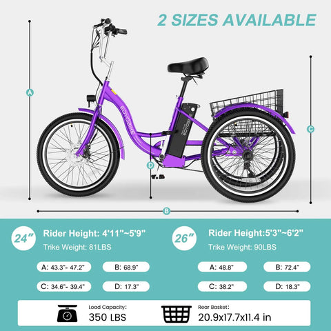 Three Wheel Electric Tricycle For Adults And Seniors, Stable E Trike With Low Step Through Frame, 24 Or 26 Inch Wheels, Easy On And Off For Shopping, Neighborhood Rides And Everyday Errands. Side view with 24 and 26 inch size measurements
