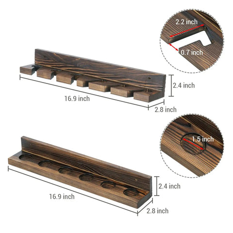 Wall Mounted Burnt Wood Fishing Rod Holder For Garage Adjustable Vertical Pole Rack That Holds Six Rods with dimensions shown