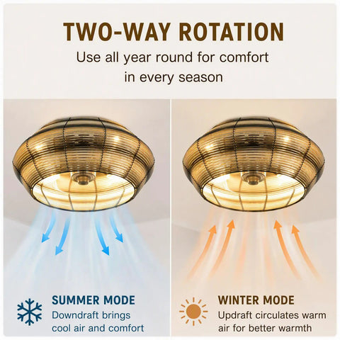 19” Boho Caged Ceiling Fan with Lights and Remote,6-Speed Flush Mount showcasing summer and winter rotation modes.