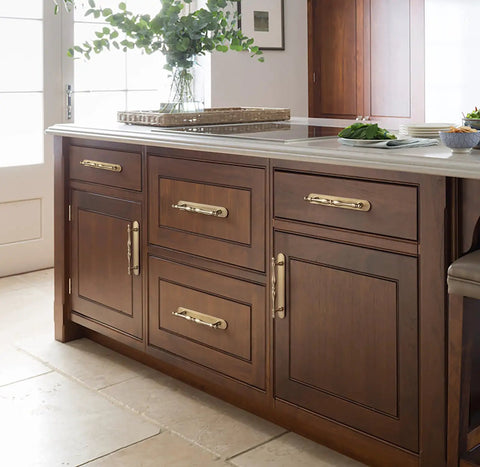 Champagne Bronze Cabinet Pulls With Backplates, 2 Pack, 5 Inch Center to Center on wooden kitchen cabinets.