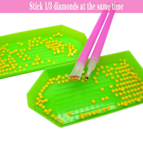 Dope Diamond Art Painting Tools Kit with trays and pink pens holding yellow beads