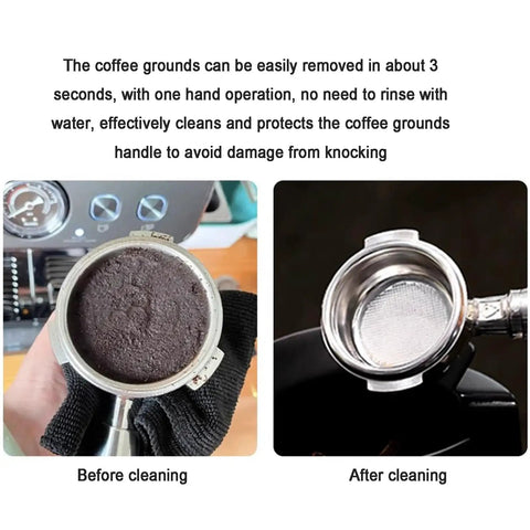 Before and after showing cleaning results with Slick Automatic Coffee Portafilter Cleaner And Espresso Grounds Knock Box Station.