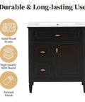 30 Inch Bathroom Vanity With Drop In Ceramic Sink And Soft Close Cabinet Door Kickass Drawer Storage No Sweat Setup Versatile Adjustable Shelf Smart Overflow Guard Solid Wood Frame Finished In Sleek Matte Black displayed with solid wood frame and soft close drawers.