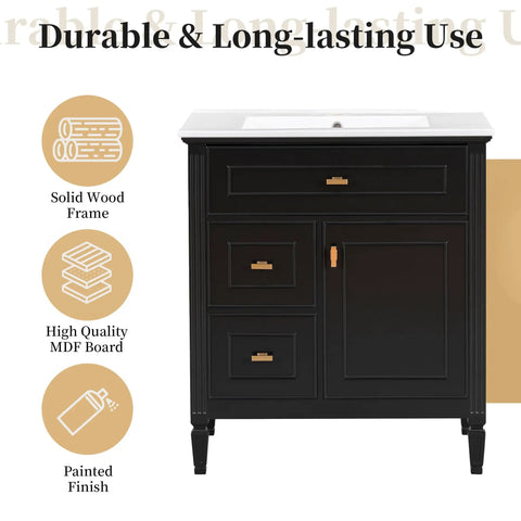 30 Inch Bathroom Vanity With Drop In Ceramic Sink And Soft Close Cabinet Door Kickass Drawer Storage No Sweat Setup Versatile Adjustable Shelf Smart Overflow Guard Solid Wood Frame Finished In Sleek Matte Black displayed with solid wood frame and soft close drawers.