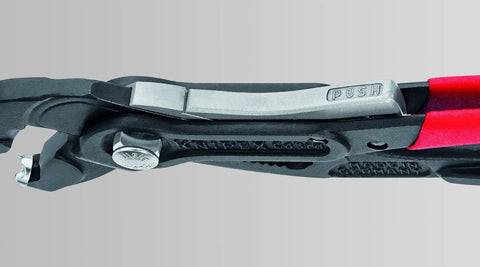 Close-up of 10 Inch Hose Clamp Pliers with Locking Device and Rotating Jaw Inserts, showcasing push button mechanism.