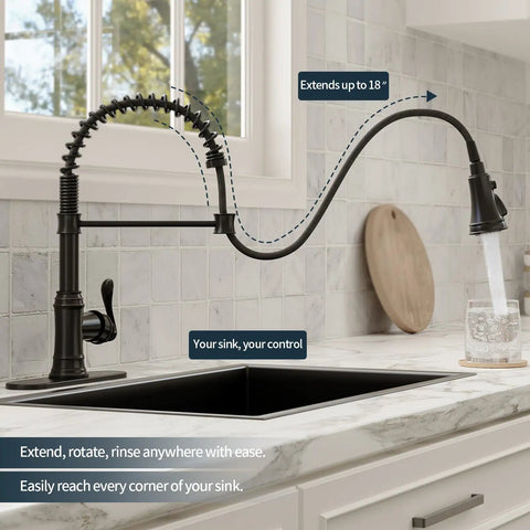 Oil Rubbed Bronze Kitchen Faucet With Pull Down Sprayer, 1 Or 3 Hole Installation, Single Handle High Arc Spout, Solid Brass in use