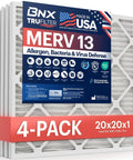 Top Rated 20x20x1 MERV 13 Electrostatic Pleated Air Filter For AC, Furnace And HVAC, 4 Pack, Made In USA, product packaging