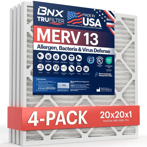 Top Rated 20x20x1 MERV 13 Electrostatic Pleated Air Filter For AC, Furnace And HVAC, 4 Pack, Made In USA, product packaging