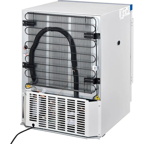 Hella Reliable Undercounter Lab Freezer With 3.2 Cubic Foot rear view showing cooling coils and electrical connections for efficient cooling.
