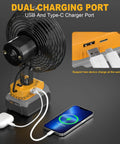 Dewalt 20V Battery Compatible Portable Jobsite Fan 7 Inch Cordless with dual USB-C charging port and attached phone charger