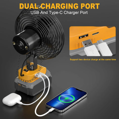 Dewalt 20V Battery Compatible Portable Jobsite Fan 7 Inch Cordless with dual USB-C charging port and attached phone charger