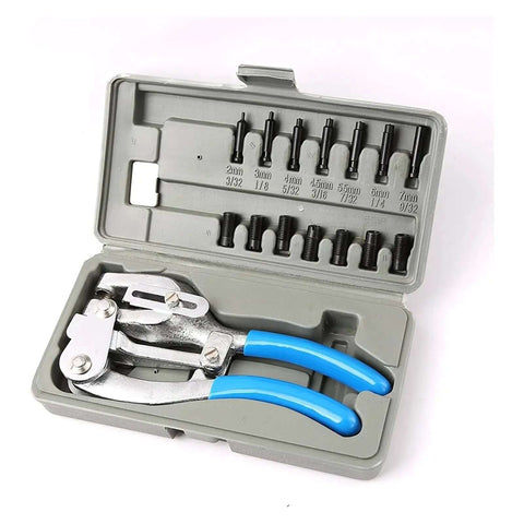 Hand Held Power Punch And Sheet Metal Hole Punch Kit With Sizes From Three Thirty Second Inch To Nine Thirty Second Inch in case