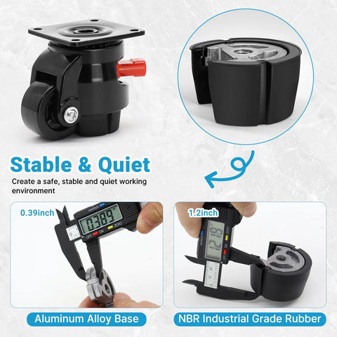Heavy Duty Leveling Casters For Industrial Machines With Upgraded Ratchet Arm Design showing dimensions and materials