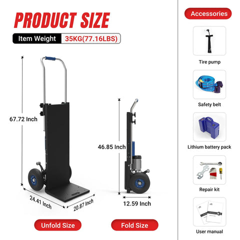XSTO 550 Lb Capacity Electric Dolly Stair Climber dimensions, 67.72 inches tall, 24.41 inches wide, unfolded for moving appliances.