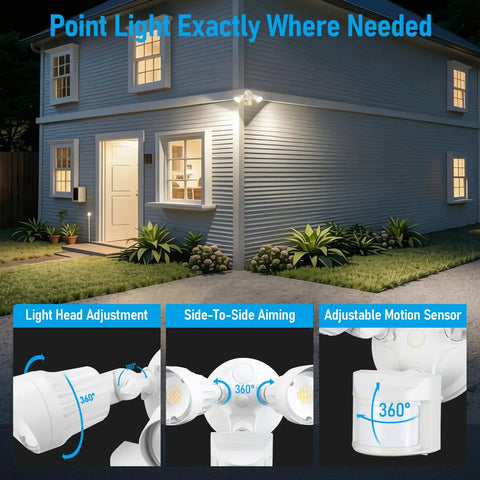 3CCT LED Security Light With Motion Sensor For Outdoor Use Dusk To Dawn Flood Light No Brainer ETL Listed IP65 Waterproof Aluminum Adjustable Heads 3000K 4000K 5000K Selectable Triple Operation Mode