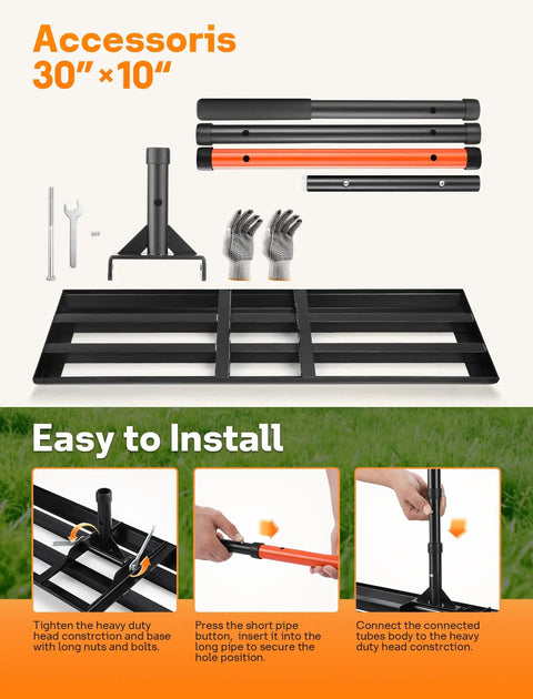 Heavy Duty Lawn Leveling Rake With 30 By 10 Inch Plate And 78 Inch Adjustable Handle, includes parts and assembly instructions.