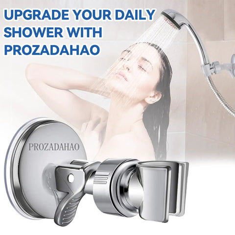 Adjustable Shower Head Holder With A 2.7 Inch Strong Suction Cup in silver finish, wall mounted, shown in bathroom setting