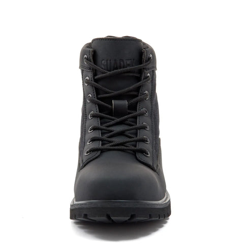 Front view of Sturdy Steel Toe Work Boots For Men And Women, Heat Resistant And Indestructible Safety Shoes For Construction And Outdoors.