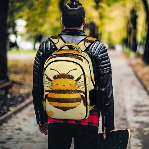 Person wearing Smiling Honey Bee Printed Unisex Backpack With Large Capacity Lightweight And Durable Polyester Bag Breathable Fabric