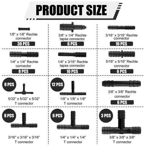 113-piece automotive vacuum connector set with 12 sizes, featuring straight, tee, and reducer hose fittings