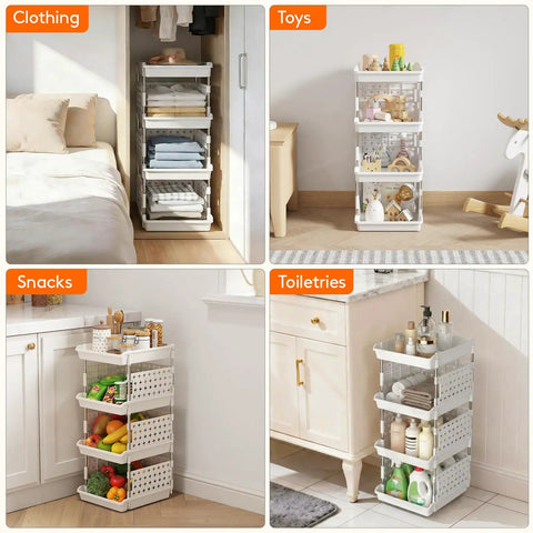 Four Tier Stackable Storage Bins For Kitchen Pantry RV And Home Organization With Dope Front Opening Design For Easy Viewing And Access Space Saving Bins For Clothes And Food White Finish 26 Lb Capacity 13.8 Inch Depth 11.8 Inch Width 28.3 Inch Tall in various home uses