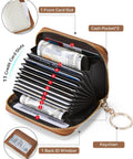 Open RFID Blocking Credit Card Holder Wallet For Women With Zipper Keychain Wristlet In A Small Leather Card Case, showing card slots and cash pockets.