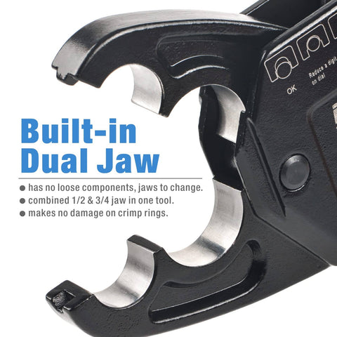 Close-up of built-in dual jaw on Angle PEX Crimping Tool Kit For One Half Inch And Three Quarter Inch PEX Rings With Go No Go Gauge