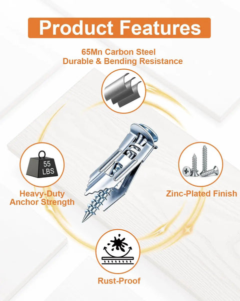 Premium Self Drilling Drywall Anchors And Screws For Hanging Heavy Floating Shelves Mirrors And Large Picture Frames Supports Up To Sixty Six Pounds with zinc-plated finish.